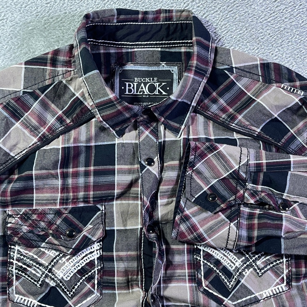 Buckle Black Standard Fit Plaid Embellished Button Down Shirt Men's‎ L